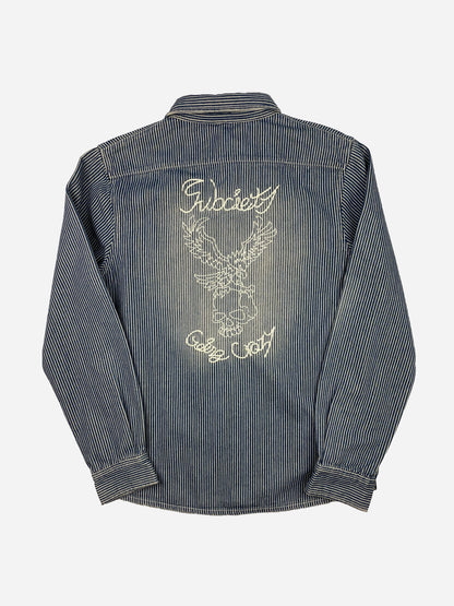 SUBCIETY EMBROIDERED HICKORY SHIRT. (M)