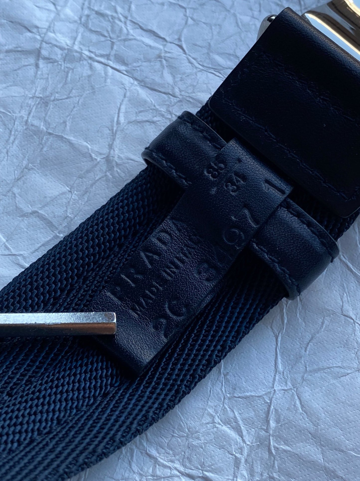 PRADA MILANO SILVER LOGO PLAQUE WOVEN NYLON BELT. (85 / 34) - SEVENUES.