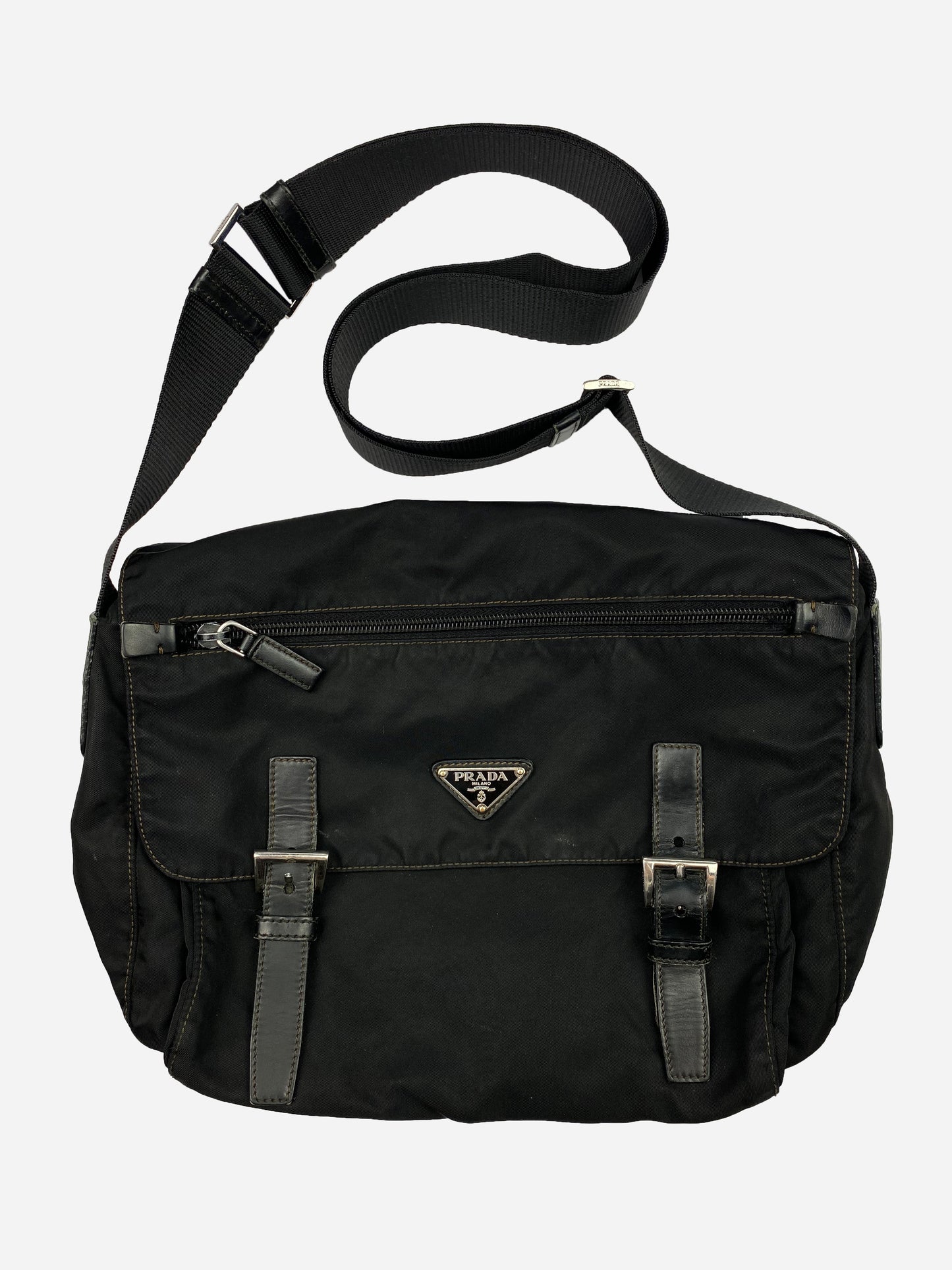 PRADA MILANO NYLON MESSENGER BAG W/ LEATHER STRAPS.