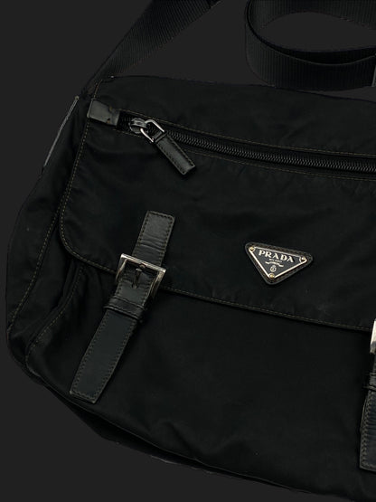 PRADA MILANO NYLON MESSENGER BAG W/ LEATHER STRAPS.