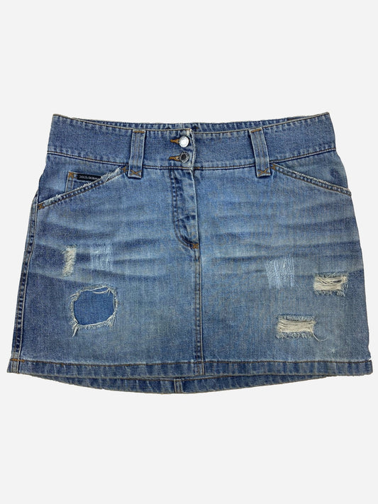 DOLCE & GABBANA 'VINTAGE' DISTRESSED DENIM MINI SKIRT. (44 / M) - SEVENUES.