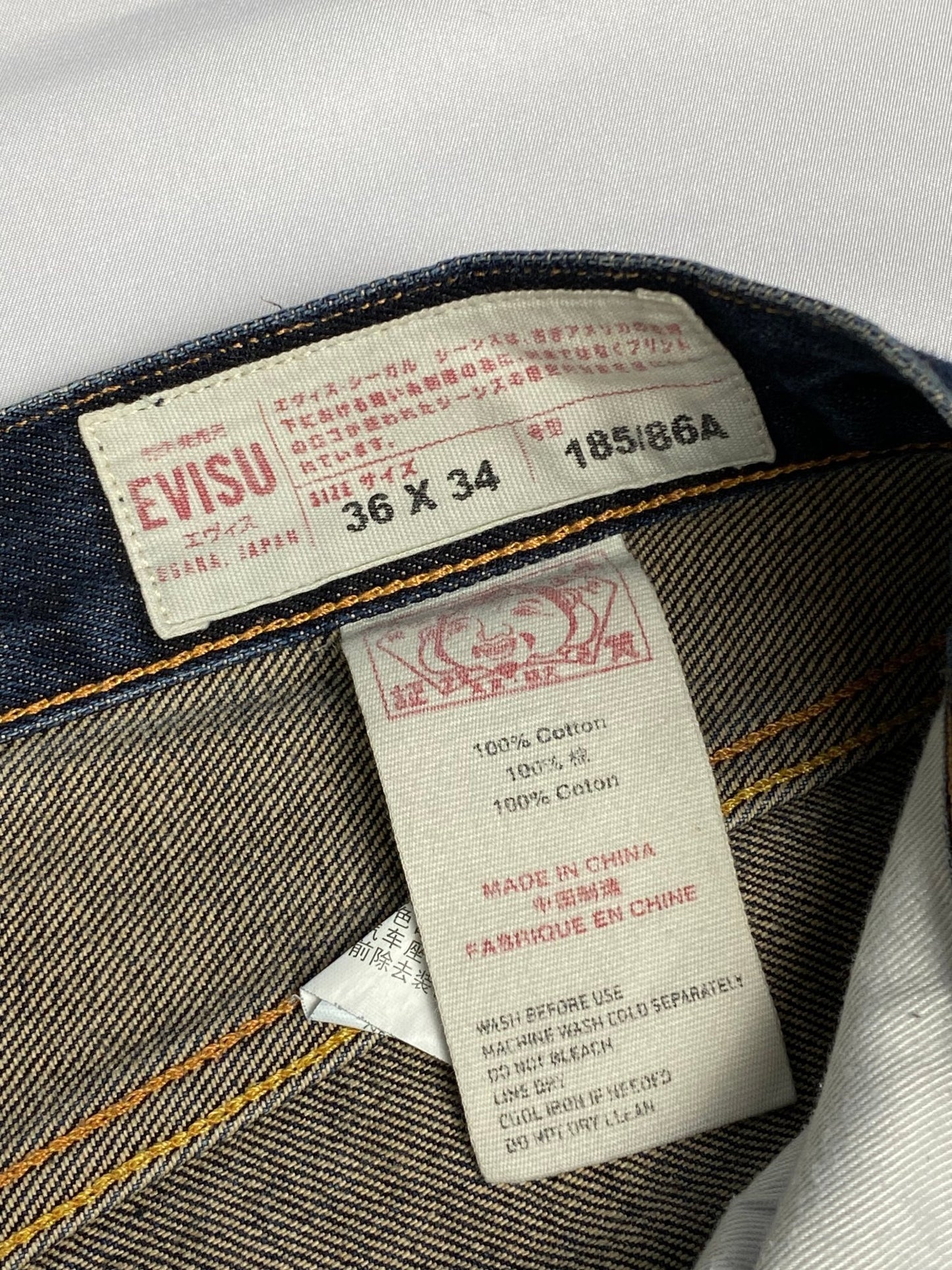 EVISU GENES NO. 3 SEAGULL PAINTED INDIGO DENIM. (36 X 34) - SEVENUES.