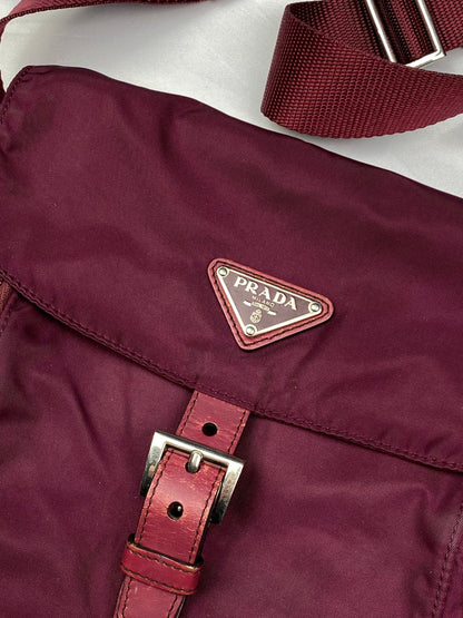 PRADA MILANO BURGUNDY RED NYLON MESSENGER BAG. - SEVENUES.