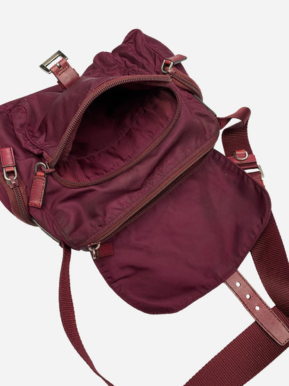 PRADA MILANO BURGUNDY RED NYLON MESSENGER BAG. - SEVENUES.