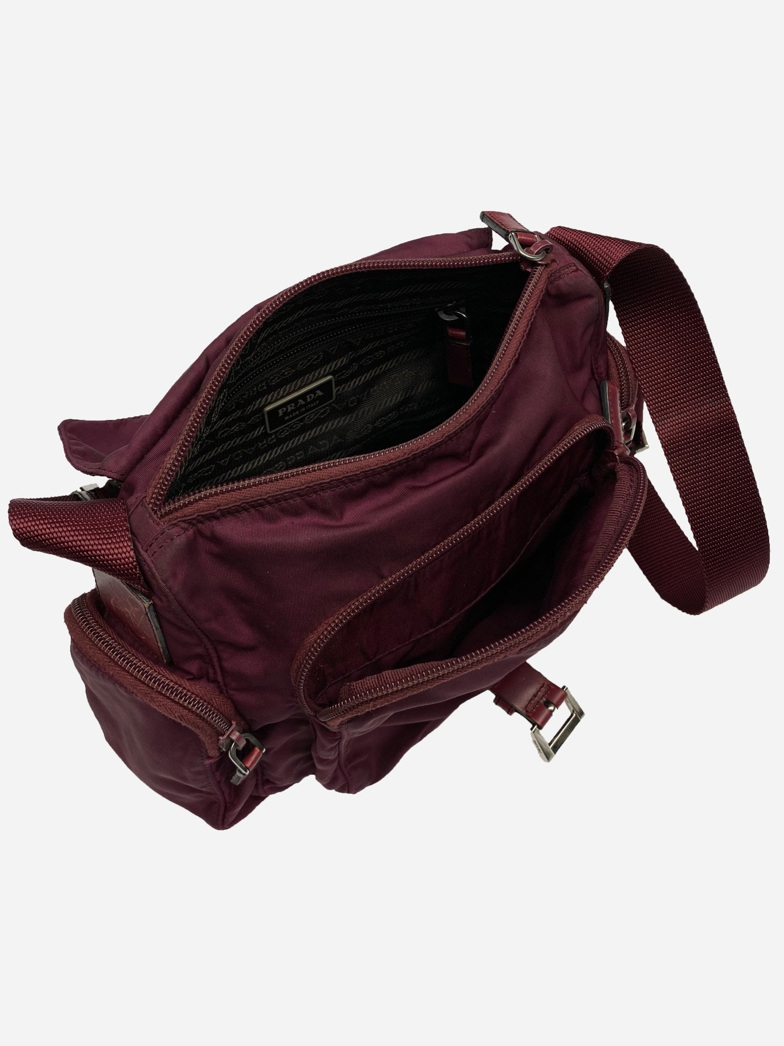 PRADA MILANO BURGUNDY RED NYLON MESSENGER BAG. - SEVENUES.