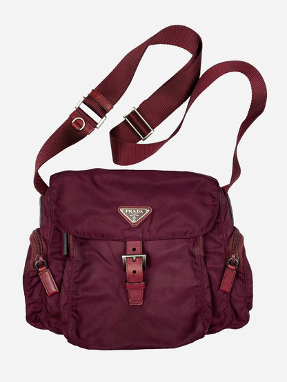 PRADA MILANO BURGUNDY RED NYLON MESSENGER BAG. - SEVENUES.