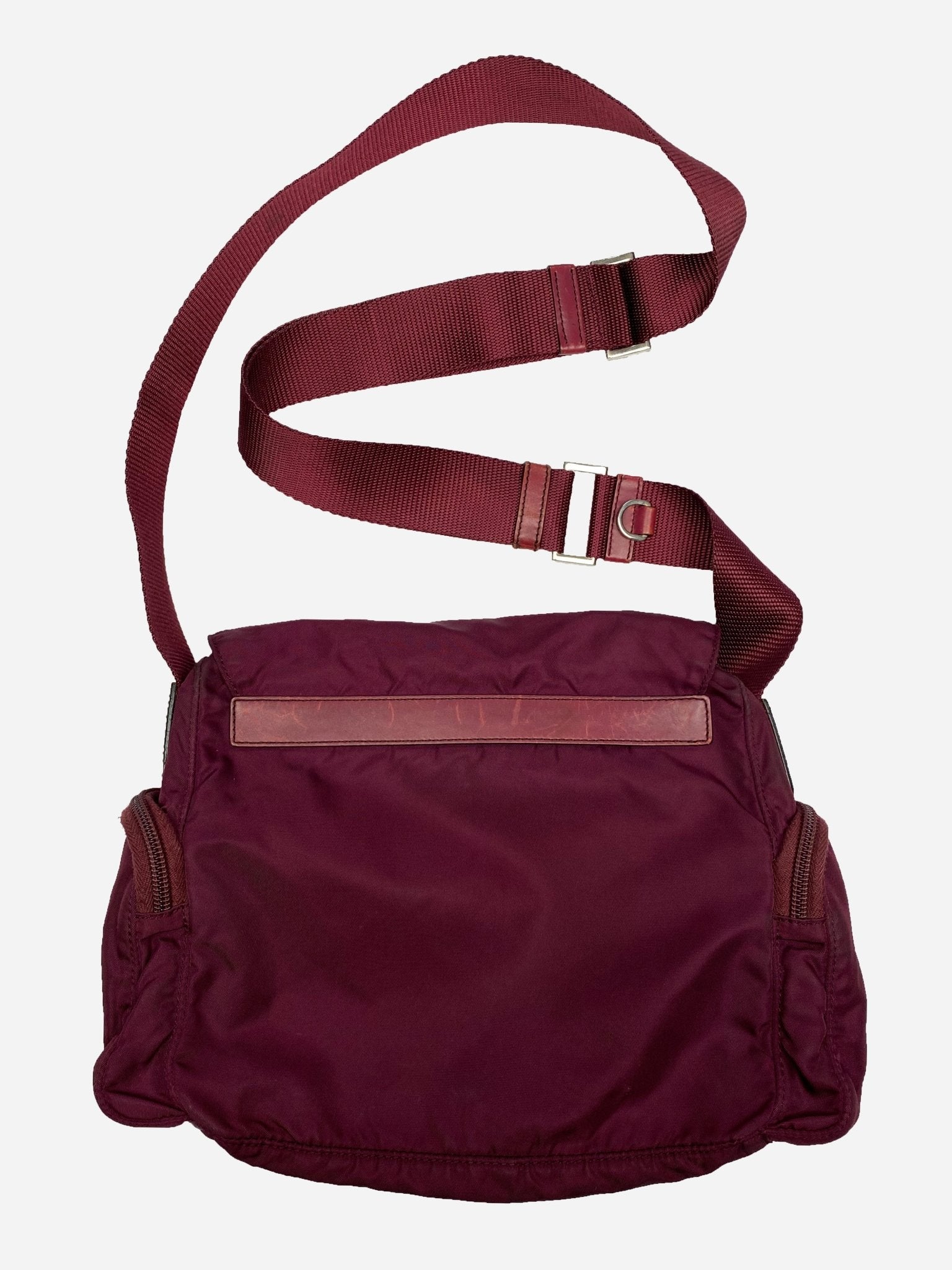 PRADA MILANO BURGUNDY RED NYLON MESSENGER BAG. - SEVENUES.