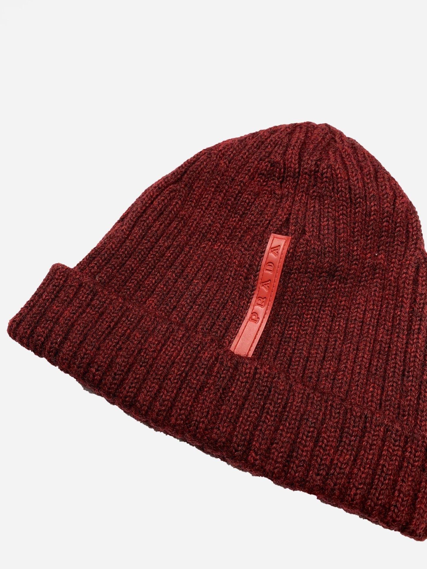 PRADA MILANO LINEA ROSSA RUBBER PATCH WOOL BEANIE. - SEVENUES.