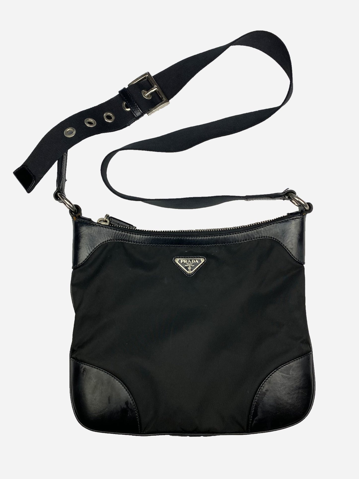 PRADA MILANO NYLON SHOULDER BAG WITH LEATHER DETAILING. - SEVENUES.