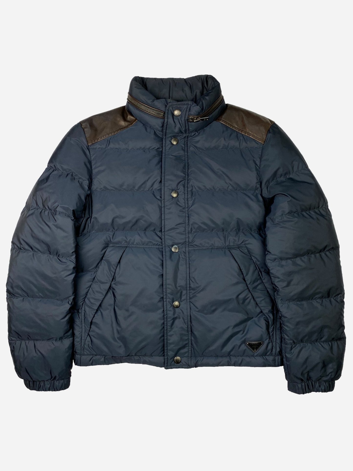 PRADA MILANO PIUMINO DOWN JACKET WITH LEATHER DETAILING. (50 / M) - SEVENUES.