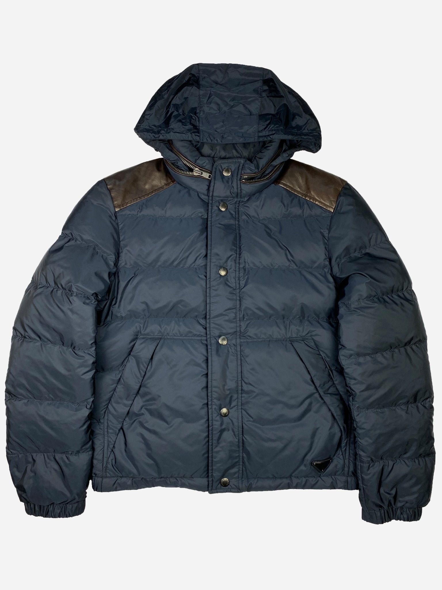 PRADA MILANO PIUMINO DOWN JACKET WITH LEATHER DETAILING. (50 / M) - SEVENUES.