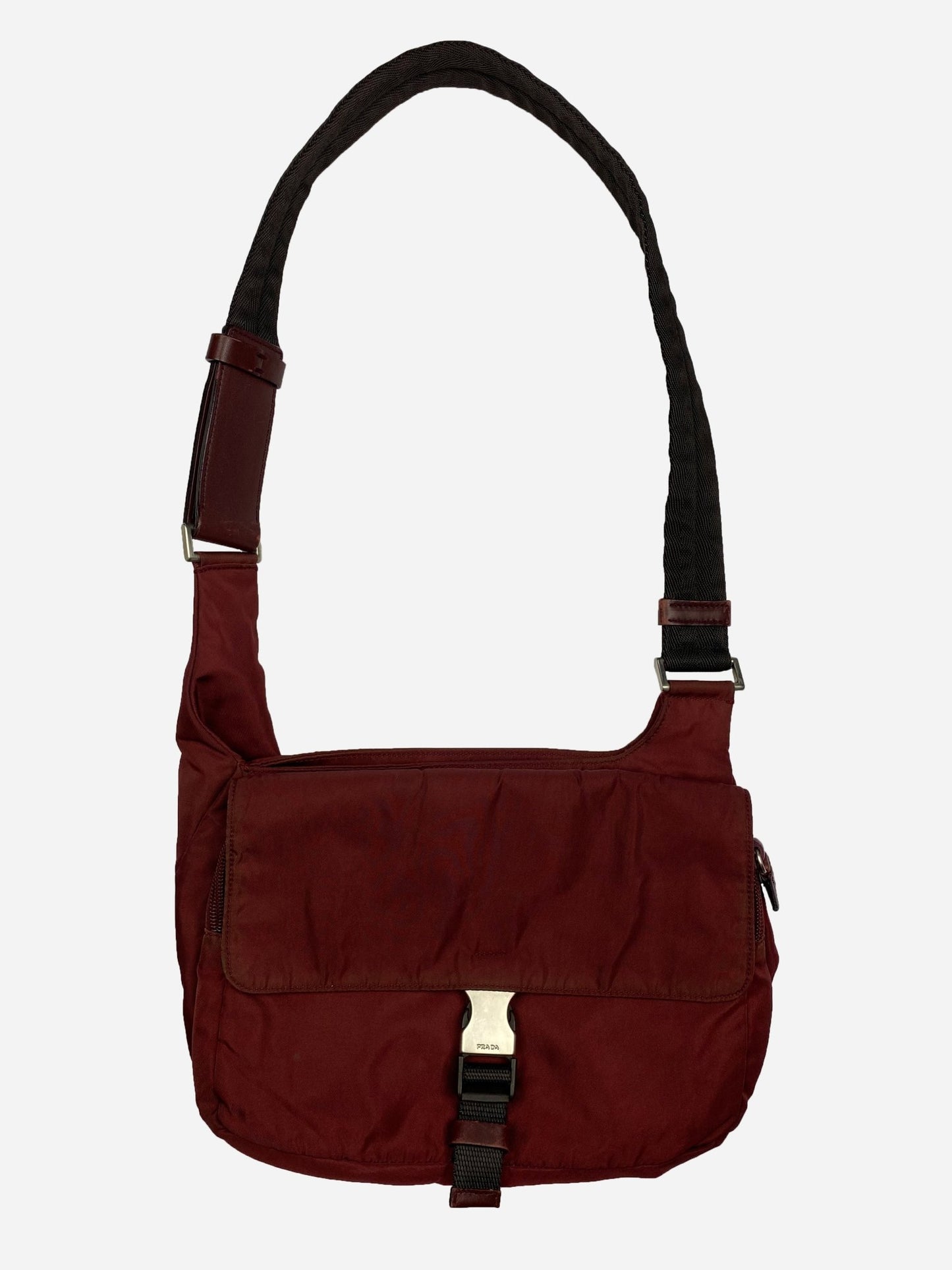 PRADA MILANO REVERSIBLE NYLON SLING BAG IN BURGUNDY. - SEVENUES.