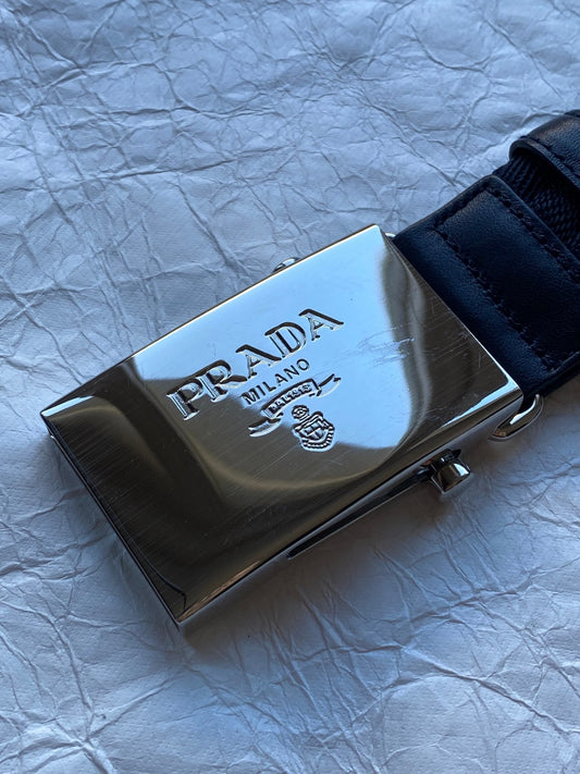 PRADA MILANO SILVER LOGO PLAQUE WOVEN NYLON BELT. (85 / 34) - SEVENUES.