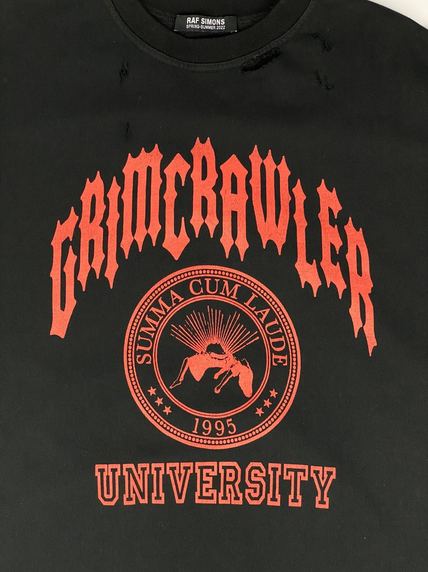 RAF SIMONS S/S 2022 'GRIMCRAWLER UNIVERSITY' DISTRESSED SWEATSHIRT. (2 / L) - SEVENUES.