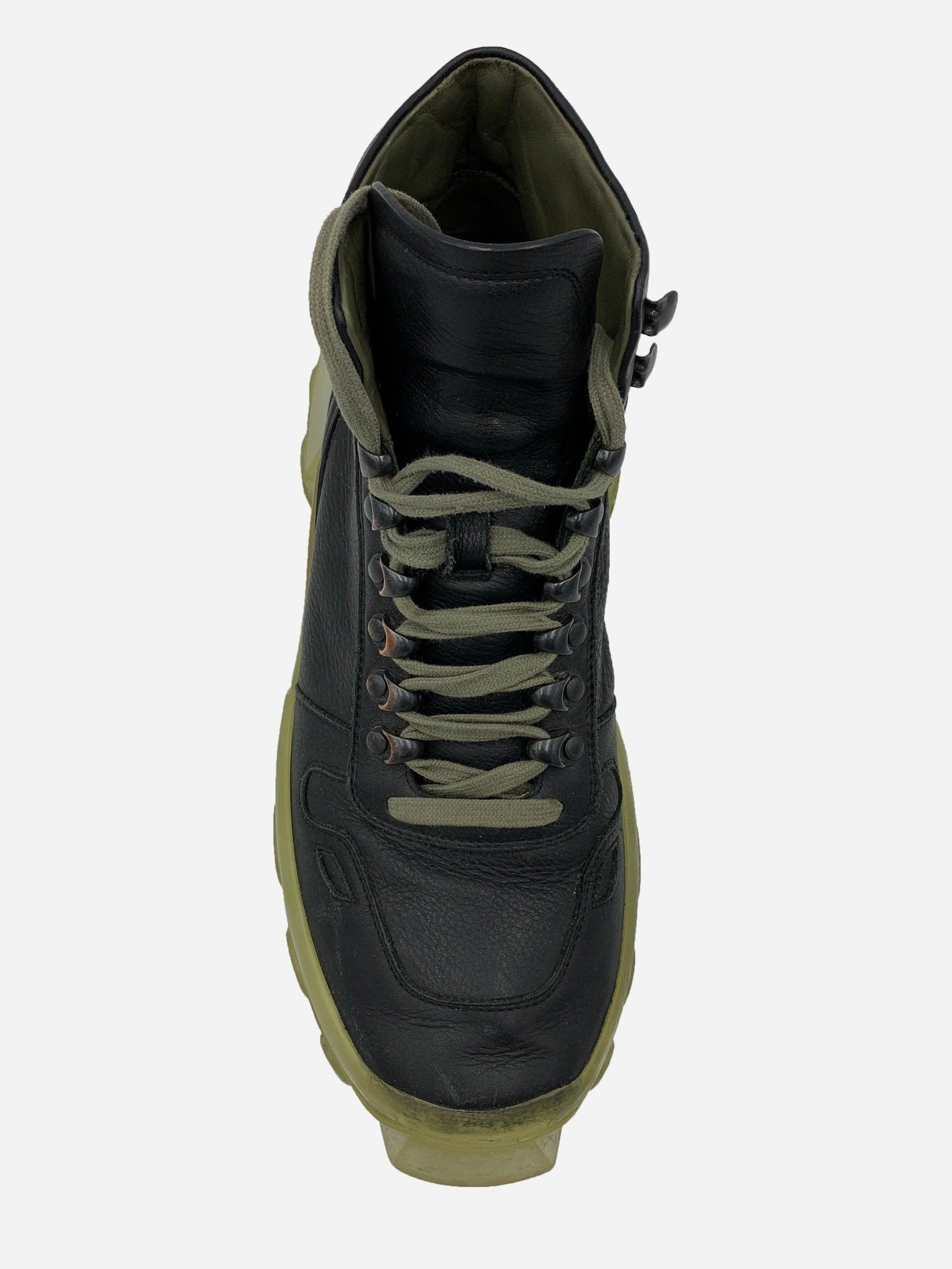 RICK OWENS TRACTOR BOZO LACE - UP BOOTS WITH TRANSPARENT SOLE. (43) - SEVENUES.