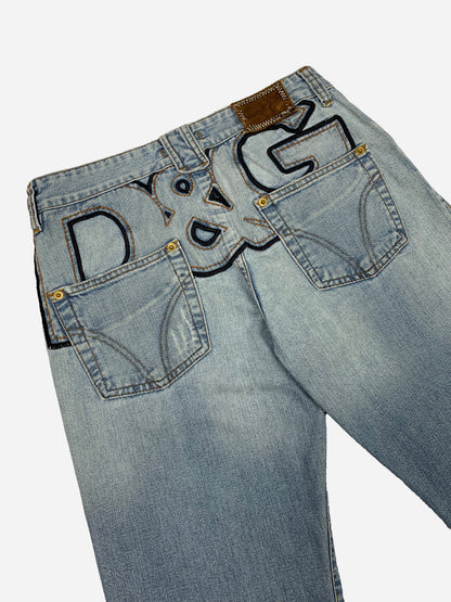 DOLCE & GABBANA 'D&G' EMBROIDERY LIGHT WASH FLARED DENIM. (30 / 32)