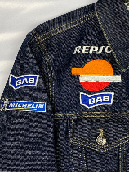 VINTAGE HONDA RACING PATCHWORK DENIM JACKET. (M)