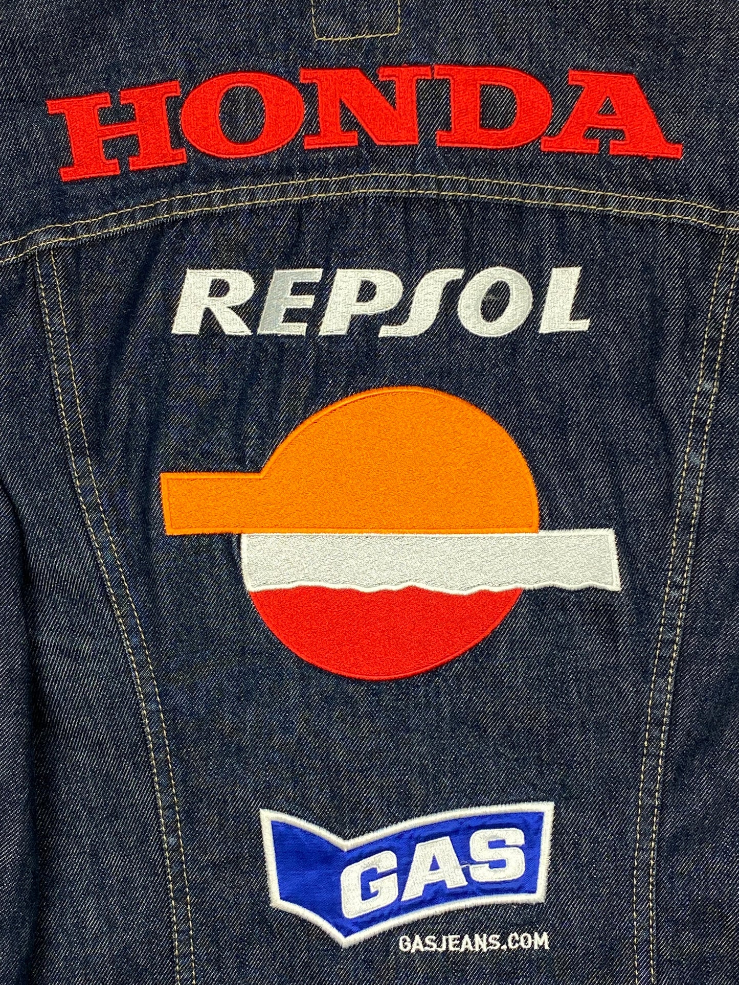 VINTAGE HONDA RACING PATCHWORK DENIM JACKET. (M)