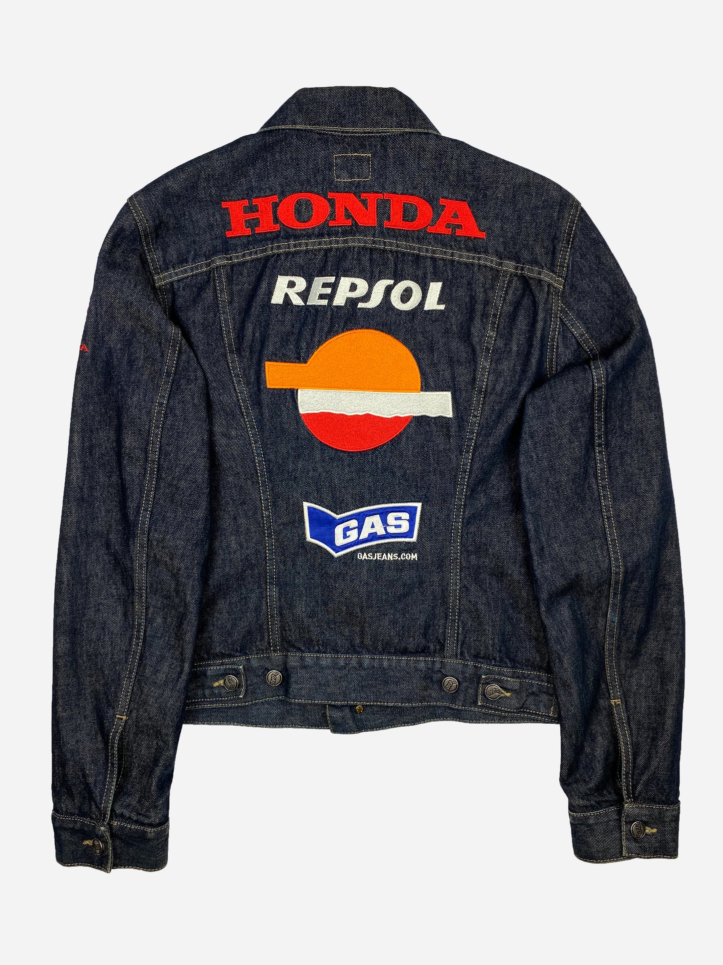 VINTAGE HONDA RACING PATCHWORK DENIM JACKET. (M)