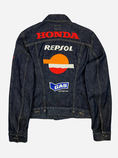 VINTAGE HONDA RACING PATCHWORK DENIM JACKET. (M)