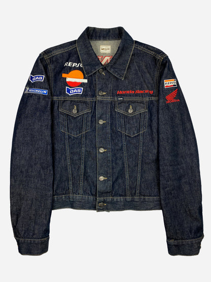 VINTAGE HONDA RACING PATCHWORK DENIM JACKET. (M)