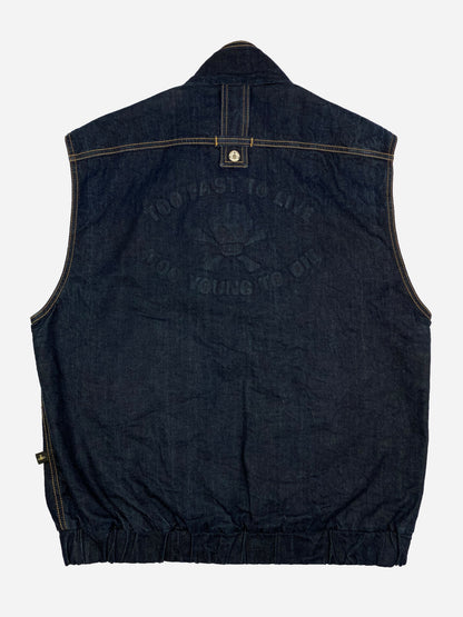 VIVIENNE WESTWOOD 'TOO FAST TO LIVE - TOO YOUNG TO DIE' DENIM ZIP-UP VEST. (M)