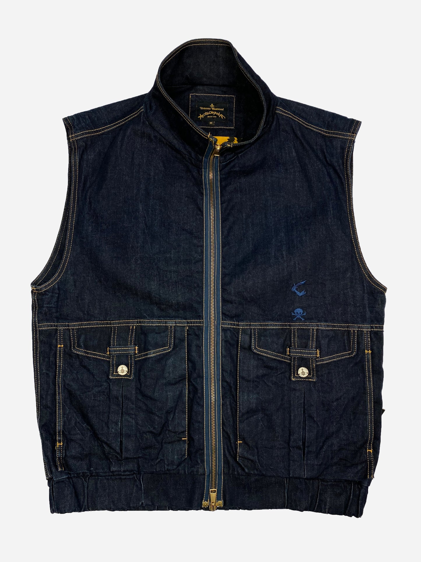 VIVIENNE WESTWOOD 'TOO FAST TO LIVE - TOO YOUNG TO DIE' DENIM ZIP-UP VEST. (M)